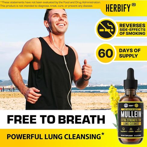HERBIFY Mullein Drops - Lung Cleanse - Leaf Extract - Powerful Mullein for Immune Support,Detox & Respiratory Support - Made in USA - Lung Cleanse for Smokers - 4 Oz in Kuwait