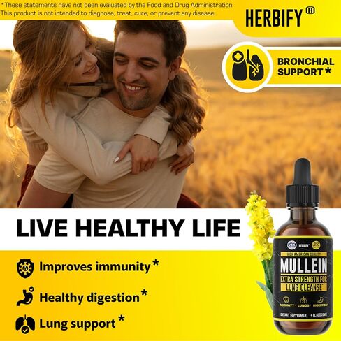 HERBIFY Mullein Drops - Lung Cleanse - Leaf Extract - Powerful Mullein for Immune Support,Detox & Respiratory Support - Made in USA - Lung Cleanse for Smokers - 4 Oz in Kuwait