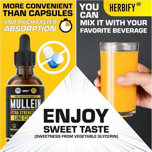 HERBIFY Mullein Drops - Lung Cleanse - Leaf Extract - Powerful Mullein for Immune Support,Detox & Respiratory Support - Made in USA - Lung Cleanse for Smokers - 4 Oz in Kuwait