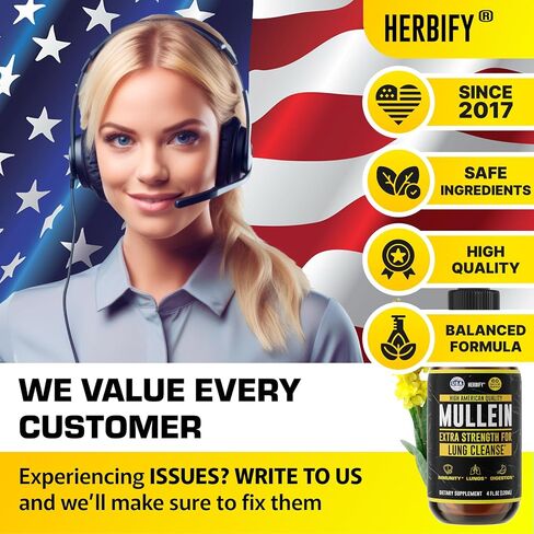 HERBIFY Mullein Drops - Lung Cleanse - Leaf Extract - Powerful Mullein for Immune Support,Detox & Respiratory Support - Made in USA - Lung Cleanse for Smokers - 4 Oz in Kuwait
