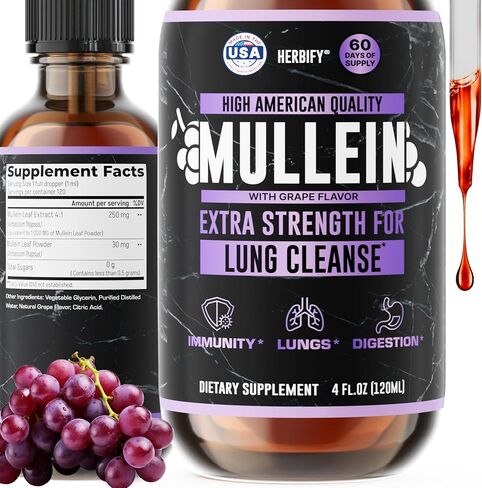 HERBIFY Mullein Drops - Lung Cleanse - Leaf Extract - Powerful Mullein for Immune Support,Detox & Respiratory Support - Made in USA - Lung Cleanse for Smokers - 4 Oz in Kuwait