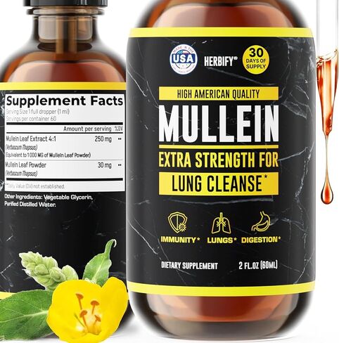 HERBIFY Mullein Drops - Lung Cleanse - Leaf Extract - Powerful Mullein for Immune Support,Detox & Respiratory Support - Made in USA - Lung Cleanse for Smokers - 4 Oz in Kuwait