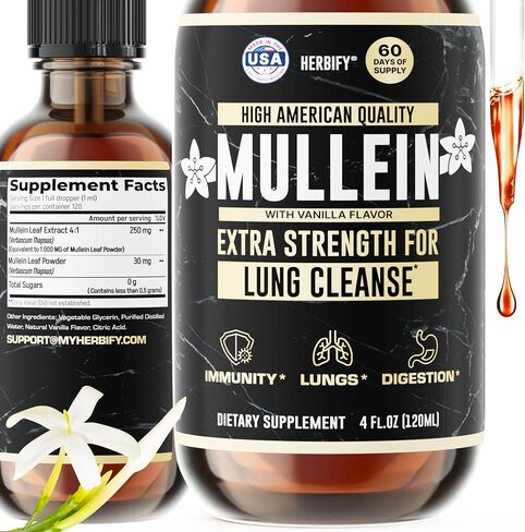 HERBIFY Mullein Drops - Lung Cleanse - Leaf Extract - Powerful Mullein for Immune Support,Detox & Respiratory Support - Made in USA - Lung Cleanse for Smokers - 4 Oz in Kuwait