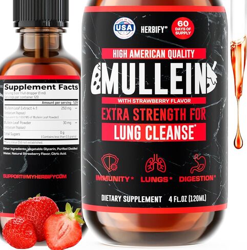 HERBIFY Mullein Drops - Lung Cleanse - Leaf Extract - Powerful Mullein for Immune Support,Detox & Respiratory Support - Made in USA - Lung Cleanse for Smokers - 4 Oz in Kuwait