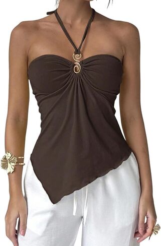 Naileksi Women Y2k Sexy Ruched Buckle Front Halter Top Sleeveless Solid Slim Fit Cut Out Tie Up Asymmetrical Cami Tank in Kuwait