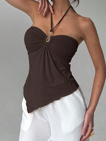 Naileksi Women Y2k Sexy Ruched Buckle Front Halter Top Sleeveless Solid Slim Fit Cut Out Tie Up Asymmetrical Cami Tank in Kuwait