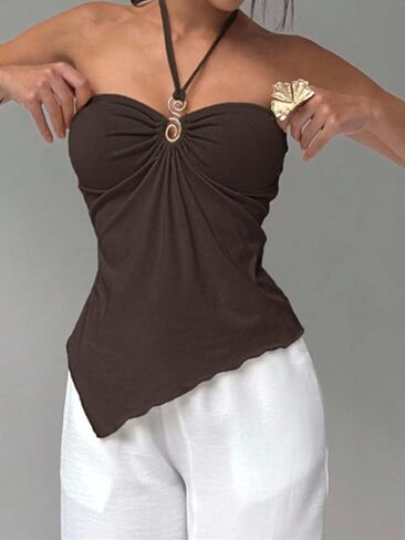Naileksi Women Y2k Sexy Ruched Buckle Front Halter Top Sleeveless Solid Slim Fit Cut Out Tie Up Asymmetrical Cami Tank in Kuwait