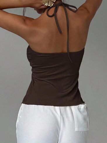 Naileksi Women Y2k Sexy Ruched Buckle Front Halter Top Sleeveless Solid Slim Fit Cut Out Tie Up Asymmetrical Cami Tank in Kuwait