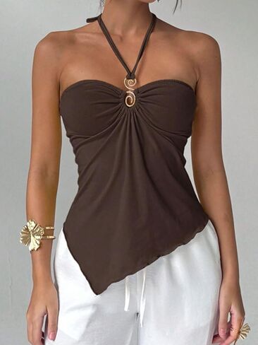 Naileksi Women Y2k Sexy Ruched Buckle Front Halter Top Sleeveless Solid Slim Fit Cut Out Tie Up Asymmetrical Cami Tank in Kuwait