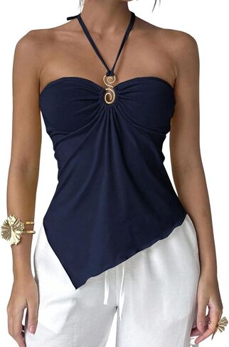 Naileksi Women Y2k Sexy Ruched Buckle Front Halter Top Sleeveless Solid Slim Fit Cut Out Tie Up Asymmetrical Cami Tank in Kuwait