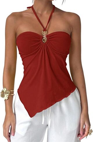 Naileksi Women Y2k Sexy Ruched Buckle Front Halter Top Sleeveless Solid Slim Fit Cut Out Tie Up Asymmetrical Cami Tank in Kuwait