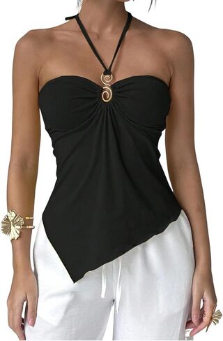 Naileksi Women Y2k Sexy Ruched Buckle Front Halter Top Sleeveless Solid Slim Fit Cut Out Tie Up Asymmetrical Cami Tank in Kuwait