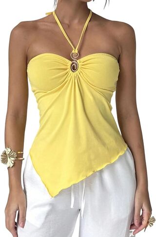 Naileksi Women Y2k Sexy Ruched Buckle Front Halter Top Sleeveless Solid Slim Fit Cut Out Tie Up Asymmetrical Cami Tank in Kuwait