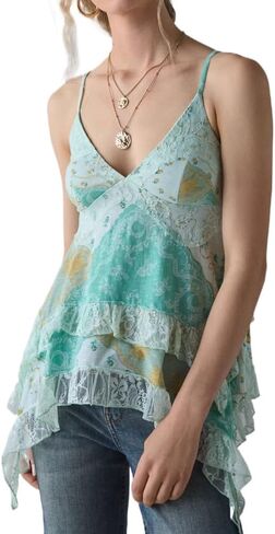 Vintage Coquette Floral V Neck Chiffon Top Summer Boho Vacation Lace Ruffle Sheer Sleeveless Asymmetrical Y2k Camisole in Saudi Arabia