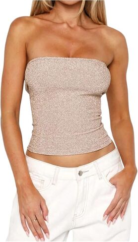 Milumia Women Sparkly Strapless Crop Top Sexy Glitter Slim Fit Date Night Party Cub Tube Tops in Kuwait