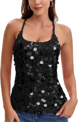 Women's Sleeveless Sparkle Shimmer Camisole Vest Sequin Tank Tops in Kuwait