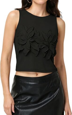 Women's 3D Floral Mesh Tank Tops Sleeveless Summer Crop Top Double Layer Sheer Fitted Going Out Tops in Saudi Arabia