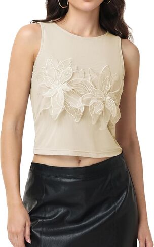 Women's 3D Floral Mesh Tank Tops Sleeveless Summer Crop Top Double Layer Sheer Fitted Going Out Tops in Kuwait