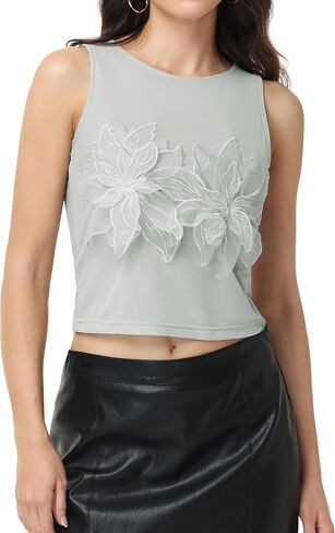 Women's 3D Floral Mesh Tank Tops Sleeveless Summer Crop Top Double Layer Sheer Fitted Going Out Tops in Kuwait