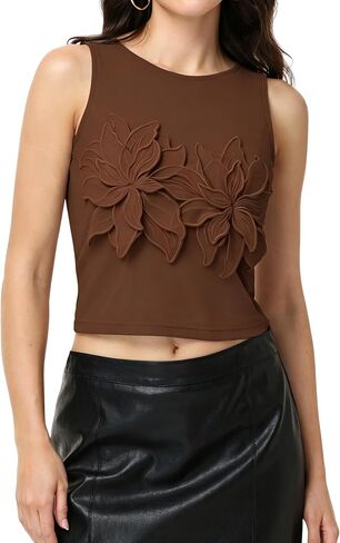 Women's 3D Floral Mesh Tank Tops Sleeveless Summer Crop Top Double Layer Sheer Fitted Going Out Tops in Kuwait