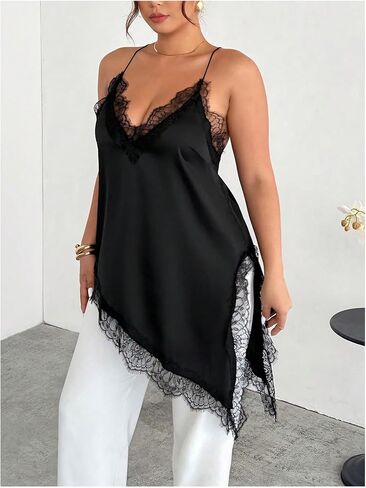 قميص نسائي SOLY HUX مقاس كبير مزين بالدانتيل ورقبة على شكل حرف V وحزام سباغيتي قميص قصير غير متماثل طويل بدون أكمام in Kuwait