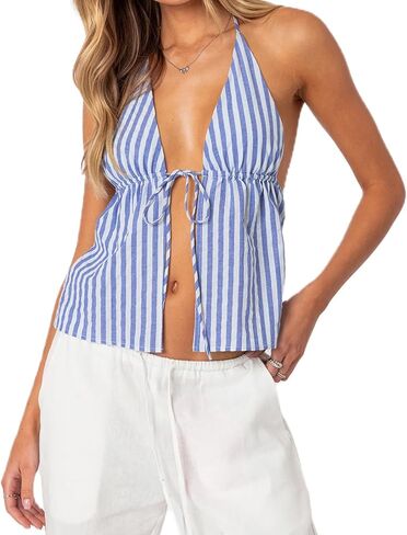 RUEWEY Women Striped Shirt Tie Front Halter Tank Top Sexy Deep V Neck Sleeveless Backless Cami Shirt Y2K Crop Tops in Saudi Arabia