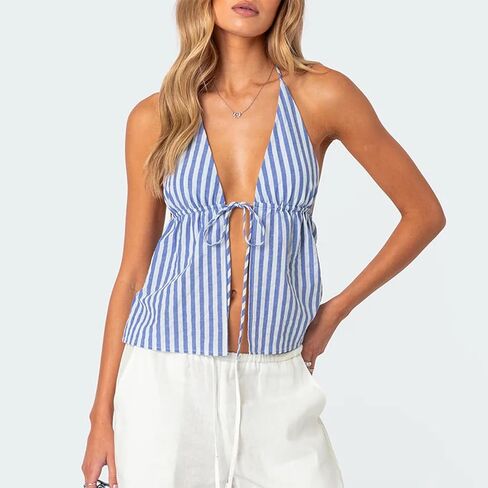 RUEWEY Women Striped Shirt Tie Front Halter Tank Top Sexy Deep V Neck Sleeveless Backless Cami Shirt Y2K Crop Tops in Saudi Arabia