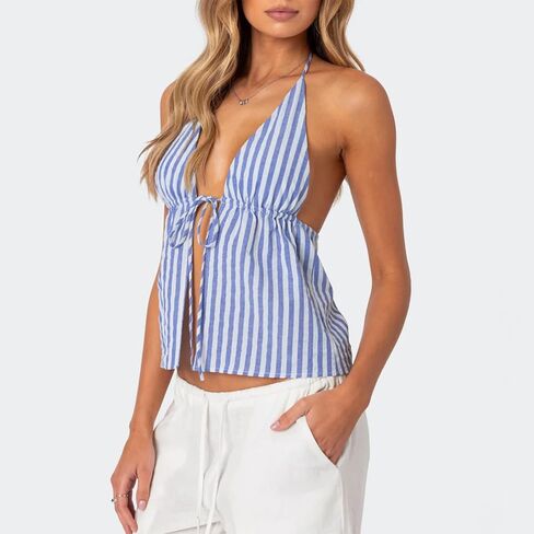 RUEWEY Women Striped Shirt Tie Front Halter Tank Top Sexy Deep V Neck Sleeveless Backless Cami Shirt Y2K Crop Tops in Saudi Arabia