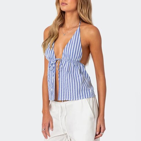 RUEWEY Women Striped Shirt Tie Front Halter Tank Top Sexy Deep V Neck Sleeveless Backless Cami Shirt Y2K Crop Tops in Saudi Arabia