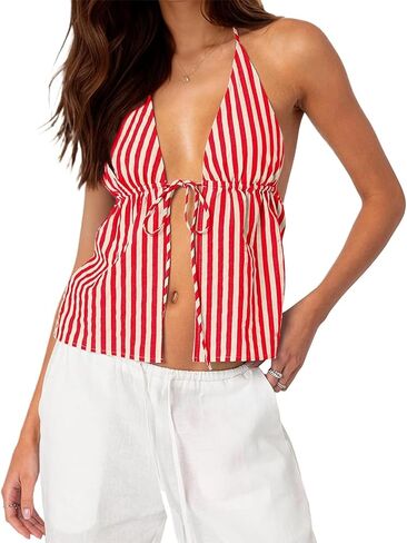 RUEWEY Women Striped Shirt Tie Front Halter Tank Top Sexy Deep V Neck Sleeveless Backless Cami Shirt Y2K Crop Tops in Saudi Arabia