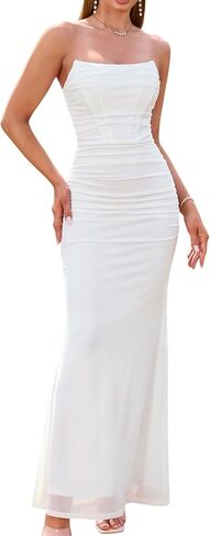 HTZMO Strapless Formal Wedding Guest Floral Maxi Dress Tube Top Corset Ruched Bodycon Cocktail Long Dresses for Women in Saudi Arabia