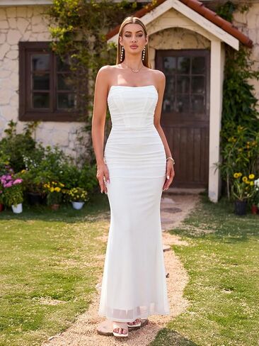 HTZMO Strapless Formal Wedding Guest Floral Maxi Dress Tube Top Corset Ruched Bodycon Cocktail Long Dresses for Women in Saudi Arabia