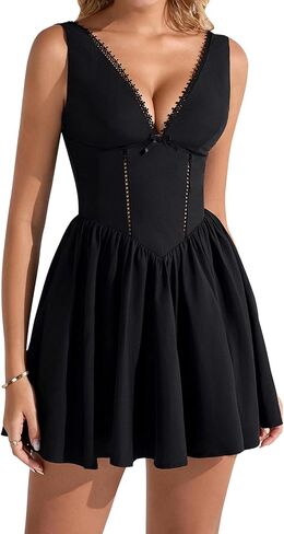 GLNEGE Women’s Graduation Short Dress Summer V Neck Corset Mini Cute Dresses Flowy A Line Vacation Smocked Dress in Saudi Arabia