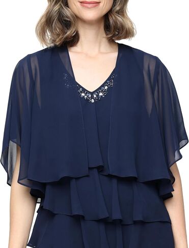 S.L. Fashions Women's Chiffon Tiered Jacket Dress with Beaded Neckline Mother of the Bride, Cocktail, Or Wedding Guest Dress in Kuwait