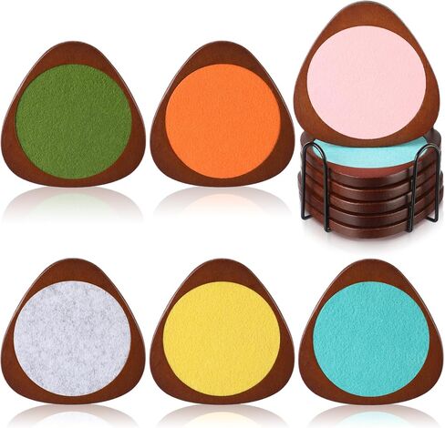 Newtay 6 Pcs Mid Century Modern Coasters Wood Absorbent Coaster with Stackable Holder Vintage Felt Coasters Decorative Drink Coaster Non-slip, Non-stick, Suitable for Kinds of Cup 4.3 Inch(Multicolor) in Kuwait