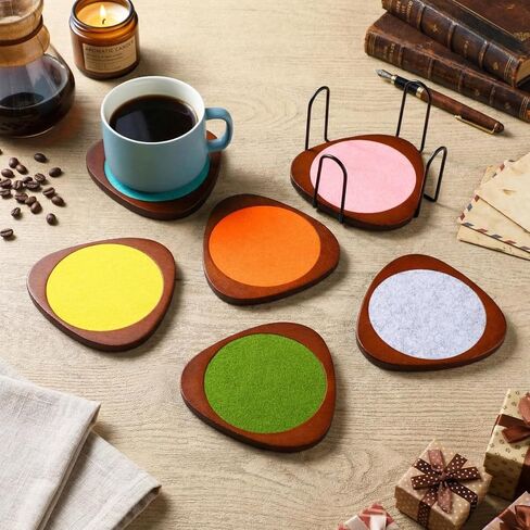 Newtay 6 Pcs Mid Century Modern Coasters Wood Absorbent Coaster with Stackable Holder Vintage Felt Coasters Decorative Drink Coaster Non-slip, Non-stick, Suitable for Kinds of Cup 4.3 Inch(Multicolor) in Kuwait