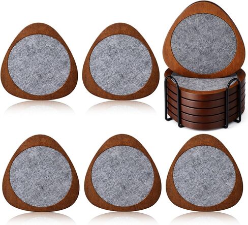 Newtay 6 Pcs Mid Century Modern Coasters Wood Absorbent Coaster with Stackable Holder Vintage Felt Coasters Decorative Drink Coaster Non-slip, Non-stick, Suitable for Kinds of Cup 4.3 Inch(Multicolor) in Kuwait
