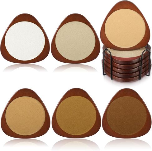 Newtay 6 Pcs Mid Century Modern Coasters Wood Absorbent Coaster with Stackable Holder Vintage Felt Coasters Decorative Drink Coaster Non-slip, Non-stick, Suitable for Kinds of Cup 4.3 Inch(Multicolor) in Kuwait