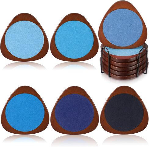 Newtay 6 Pcs Mid Century Modern Coasters Wood Absorbent Coaster with Stackable Holder Vintage Felt Coasters Decorative Drink Coaster Non-slip, Non-stick, Suitable for Kinds of Cup 4.3 Inch(Multicolor) in Kuwait