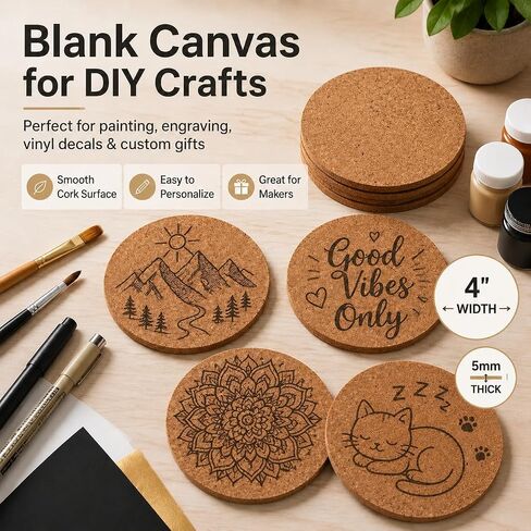 Faithful Panda Blank Cork Coasters for Crafts, Set of 8 Round 4 Inch DIY Cork Coaster with Holder, 5mm Thick Absorbent Drink Coasters for Laser Engraving Cricut Painting, Table Protection in Saudi Arabia