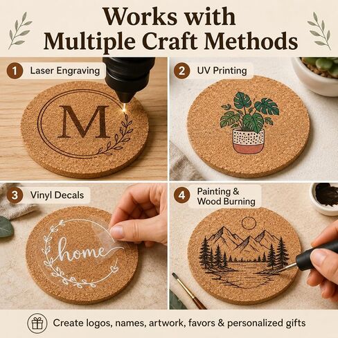 Faithful Panda Blank Cork Coasters for Crafts, Set of 8 Round 4 Inch DIY Cork Coaster with Holder, 5mm Thick Absorbent Drink Coasters for Laser Engraving Cricut Painting, Table Protection in Saudi Arabia