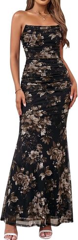 HTZMO Strapless Formal Wedding Guest Floral Maxi Dress Tube Top Corset Ruched Bodycon Cocktail Long Dresses for Women in Saudi Arabia