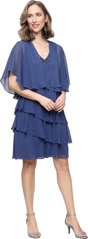 S.L. Fashions Women's Chiffon Tiered Jacket Dress with Beaded Neckline Mother of the Bride, Cocktail, Or Wedding Guest Dress in Kuwait