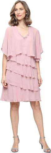 S.L. Fashions Women's Chiffon Tiered Jacket Dress with Beaded Neckline Mother of the Bride, Cocktail, Or Wedding Guest Dress in Kuwait