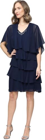 S.L. Fashions Women's Chiffon Tiered Jacket Dress with Beaded Neckline Mother of the Bride, Cocktail, Or Wedding Guest Dress in Kuwait