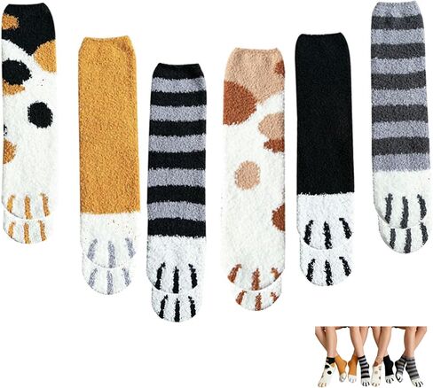 6 Pairs Women's Slipper Socks Cat Claw Paw Socks |Thick Warm Fuzzy Slipper Socks for Women | Cute Cat Claw Socks for Winter Sleep Floor Use in Saudi Arabia