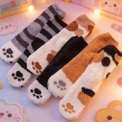 6 Pairs Women's Slipper Socks Cat Claw Paw Socks |Thick Warm Fuzzy Slipper Socks for Women | Cute Cat Claw Socks for Winter Sleep Floor Use in Saudi Arabia
