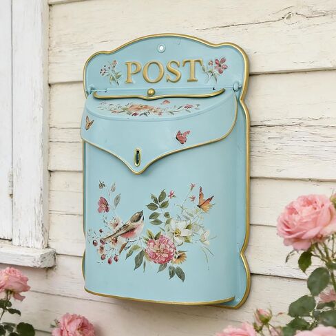 Wall Mount Mailbox for Outside House Vintage Metal Door Mailbox Antique Style Vintage English Cottage Decor Nostalgic Charm Home Decor Garden Flower Patter Decorative Boxes (Blue) in Saudi Arabia