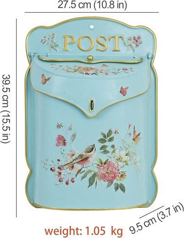 Wall Mount Mailbox for Outside House Vintage Metal Door Mailbox Antique Style Vintage English Cottage Decor Nostalgic Charm Home Decor Garden Flower Patter Decorative Boxes (Blue) in Saudi Arabia
