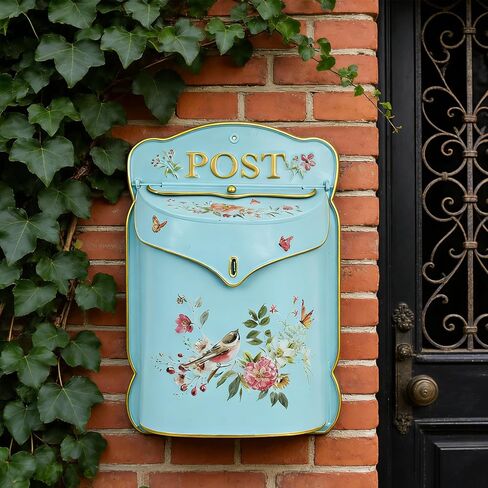 Wall Mount Mailbox for Outside House Vintage Metal Door Mailbox Antique Style Vintage English Cottage Decor Nostalgic Charm Home Decor Garden Flower Patter Decorative Boxes (Blue) in Saudi Arabia